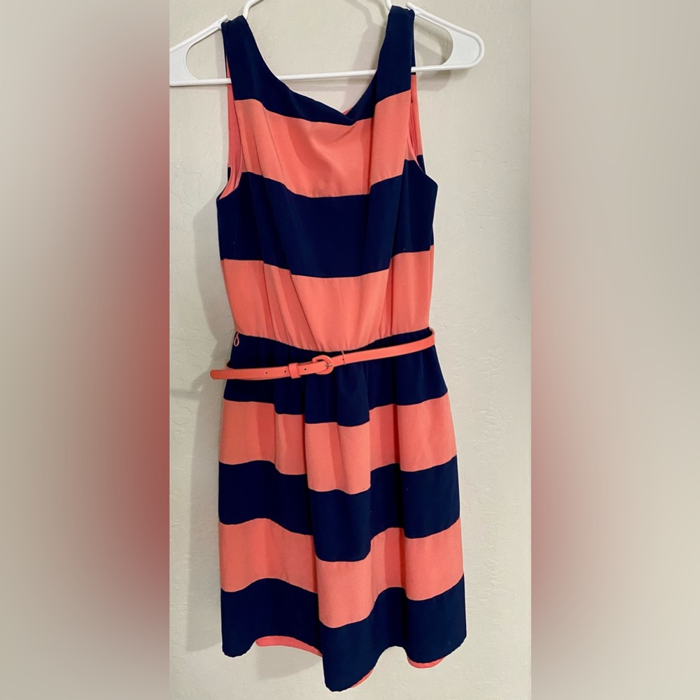 Navy and pink striped dress. Comes with pink belt. Size small. Great condition